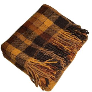 Vintage Pendleton Brown Orange Plaid Virgin 100 Wool Throw Blanket Fringe 54x74