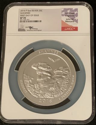 2016 P Shawnee Atb 5oz.  Silver Ngc Sp70 John Mercanti Sign First Day Issue