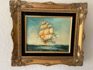Vintage Framed Oil Painting On Board Sailing Ship Signed J.  James Nautical