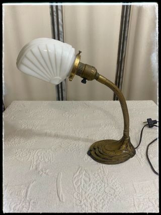 Vintage Cast Iron Brass Gooseneck Desk Lamp Light Art Deco 1930 