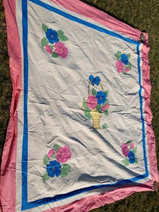 Vintage Handmade Applique Vase W/flowers Quilt Top - Overall Size 92 " X 84 "