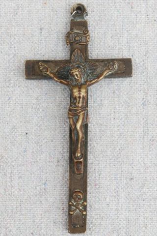 Antique Pectoral Rosary Crucifix Cross Brass Wood Skull Crossbones Pendant 4 "