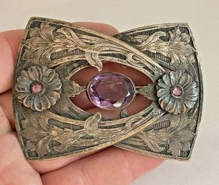 Antique Art Nouveau Silver - Tone Buckle Brooch Pin With Amethyst Stones