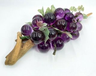 Vintage Clear Purple Lucite / Acrylic Grapes Cluster On Driftwood Mcm Decor 18 "
