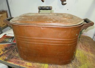 Antique Vintage Copper Boiler With Lid Wash Tub Wood Black Handles