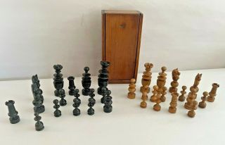 Antique Wooden Carved Wood Chess Set With Slide Top Wood Box 2