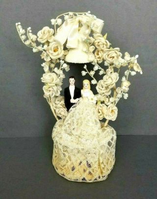 Vintage Wedding Cake Topper Bride Groom Roses Bell Lily Of The Valley Farmhouse
