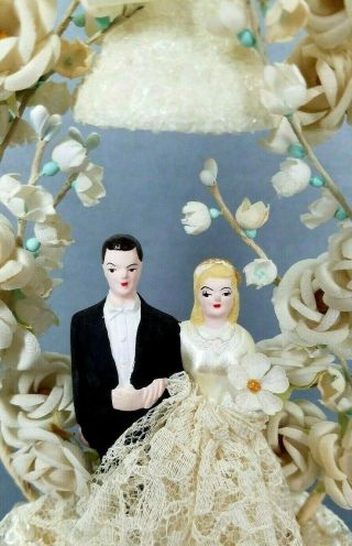Vintage Wedding Cake Topper Bride Groom Roses Bell Lily of the Valley Farmhouse 2