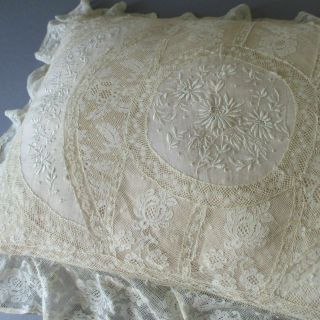 Antique Creamy French Normandy Lace Boudoir Pillow Embroidered Flowers 18 " X 12 "