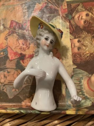 Antique German Porcelain Half Doll In Yellow Hat 3.  50”