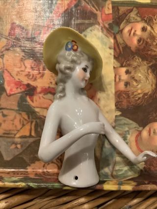 Antique German Porcelain Half Doll In Yellow Hat 3.  50” 2