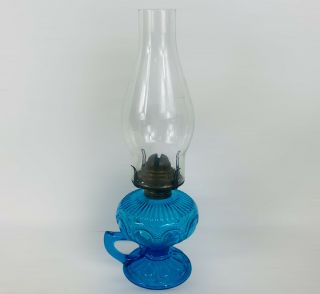 Antique Eapg Imperial Glass Oil Lamp Blue Zipper Loop Finger Handle Chimney 13”