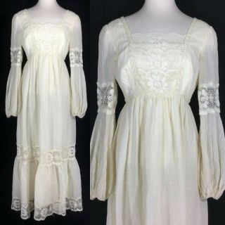 Vtg 70s Nadine Prairie Cottagecore Gauzy Victorian Lace Maxi Dress M Gunne Sax