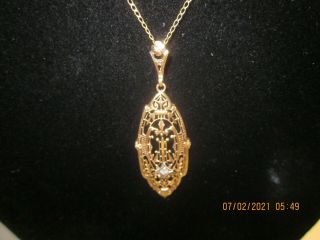 Antique Edwardian 10k Gold Filigree Diamond Lavaliere Pendant Necklace