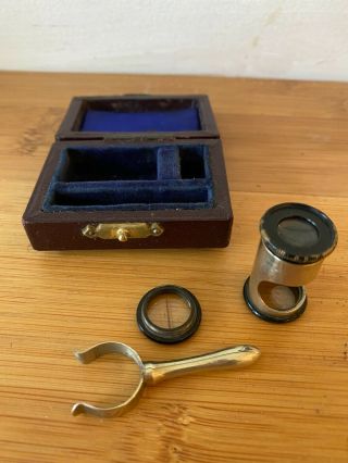 Antique Pocket Field Microscope In Case With Lens And Handle Gia