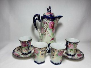 Antique Hand Painted Chocolate Pot,  4 Cups,  2 Plate Unmarked Nippon Vgc