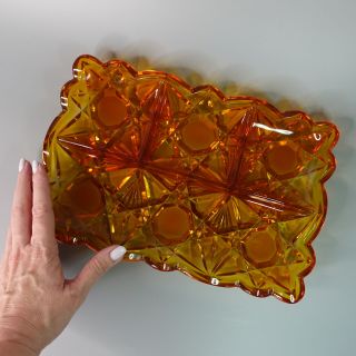 Heavy Antique Orange Cut Glass Divided Plate Relish Appetizer Dish Rectangular 3