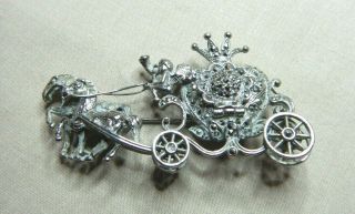 Vintage Marcasite & Silver Brooch - Royal Cherub Horse Drawn Carriage Watch 1137