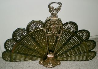 Antique Vtg Victorian Brass Peacock Fan Style Fireplace Spark Screen Art Deco