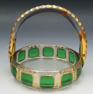 Antique Bohemian Moser Art Glass Honey Comb Handled Basket Green & Gold