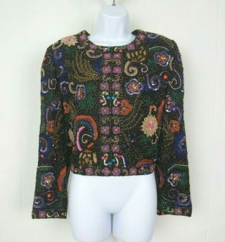 Vtg 1980s Laurence Kazar Black Silk Sequin Beaded Jacket Size Med Fully Lined