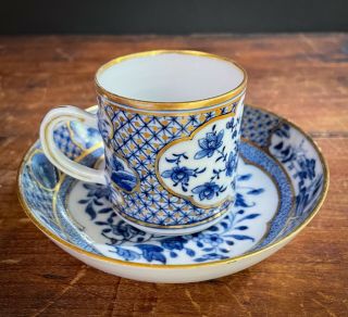 Antique Blue And White Chinese Export Coffee Cup & Saucer With Gold Accents