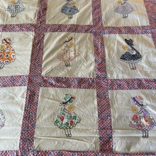 Vintage Sunbonnet Sue Quilt Top Embroidered Feedsack Fabrics 63x96” Estate Find