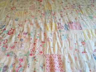 Vintage Handmade Patchwork Tied Quilt - Faded 71x38” Feed & Flour Sack Fabric