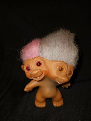 Rare Vintage Two Headed Troll Doll With Pink And Blueish Gray Hair