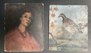 2 Old Oil Painting Board Signed Antique Bird Woman Listed Fine Art
