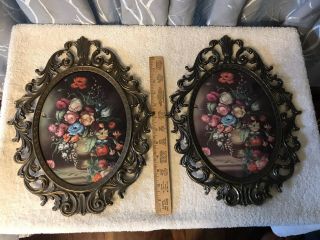 2 Vintage Ornate Metal Oval Picture Frames Convex Bubble Dome Glass 13” X 10”