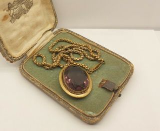 Stunning Antique Victorian Large Faceted Amethyst Glass Pendant Necklace And Box