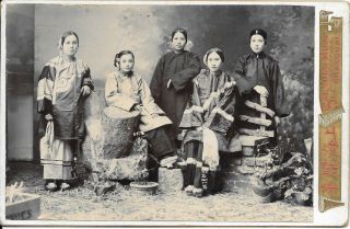 Cabinet Card Late 19th C?.  5 Women In Traditional Dress Sze - Yuen - Ming Shanghai