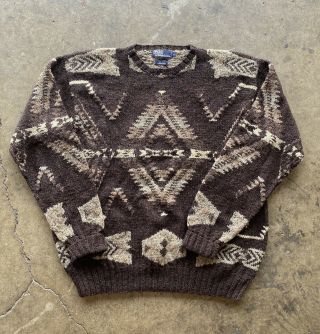 Vintage Polo Ralph Lauren Hand Knit Aztec Sweater Silk Wool Mens Xl