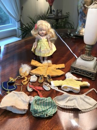 Vintage 7” Vogue Ginny Doll Blond W/yellow Velvet Coat Hat W/Extra Clothes 3