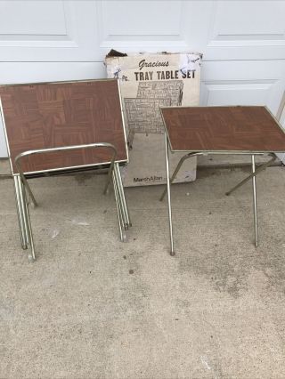 Vintage Mid Century Set 4 Faux Wood Metal Tv Snack Tray Tables W/ Rolling Stand