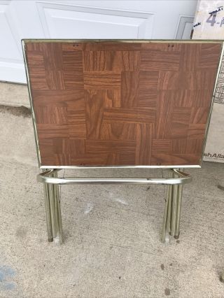 VINTAGE Mid Century Set 4 FAUX WOOD METAL TV Snack Tray Tables W/ Rolling Stand 2