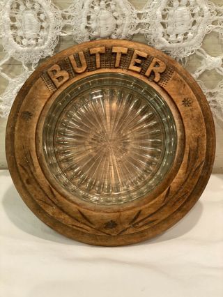 Antique Vintage English Carved Wood Butter Dish With Glass Liner Rare