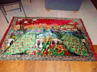 Vintage Velvet Tapestry Rug Peacock Exotic Bird & Flowers 4 