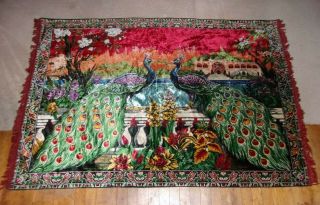 Vintage Velvet Tapestry Rug Peacock Exotic Bird & Flowers 4 ' x 6 ' Mid Century 2