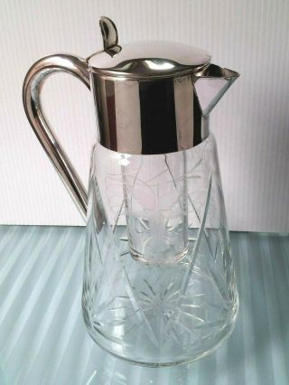 Vintage Germany Marked Pitcher Jug Silver Plate Cut Crystal W Glass Ice Insert