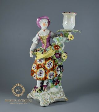 Antique Early 19th C Derby Style Porcelain Flower Seller Candlestick Figure