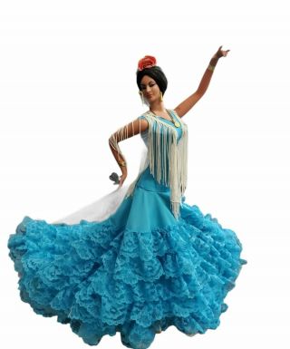 Vintage Marin Chiclana 18 " Spanish Flamenco Dancer Doll Peacock Blue Dress Stand