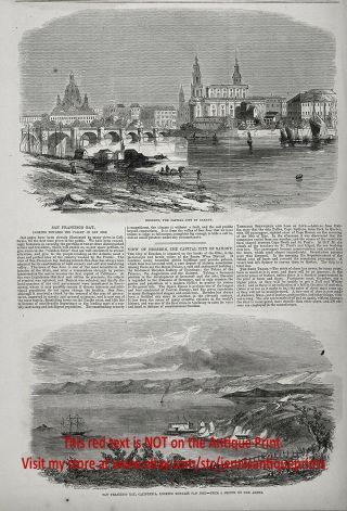 California San Jose & San Francisco Bay,  1850s Antique Engraving Print & Article