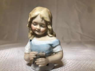 Antique German Porcelain Half Doll Pretty Girl With Flowers