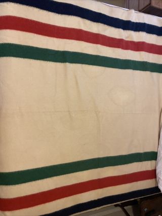 Vintage Hudson Bay Style 100 Wool Blanket,  Three Stripe 78x67