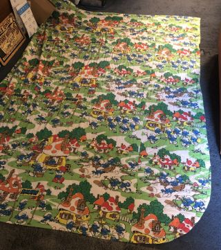 Vintage Vtg 80s Large Smurfs Cartoon Quilt Blanket Bedspread Comforter - 9’ X 6’