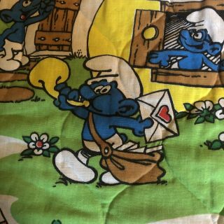 VINTAGE VTG 80s Large Smurfs Cartoon Quilt Blanket Bedspread Comforter - 9’ x 6’ 2