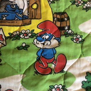 VINTAGE VTG 80s Large Smurfs Cartoon Quilt Blanket Bedspread Comforter - 9’ x 6’ 3