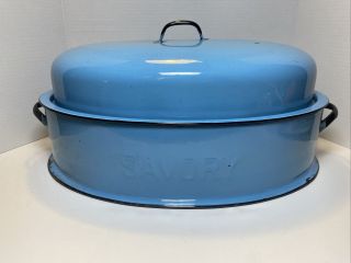 Vintage Extra Large Savory Blue Enamelware Oval Roaster Roasting Pan With Lid